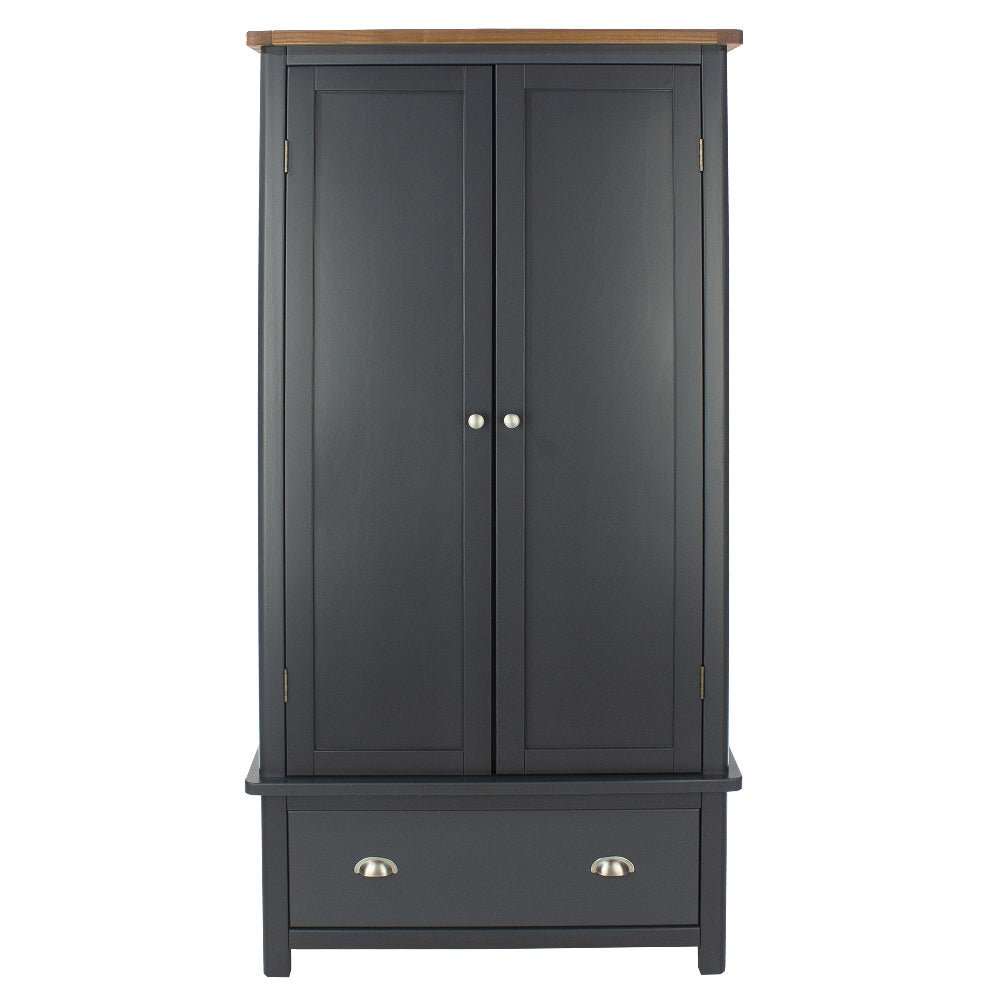 CHOICEWARDROBE Delavan navy and oak 2-door wardrobe with bottom drawer and metal handles.