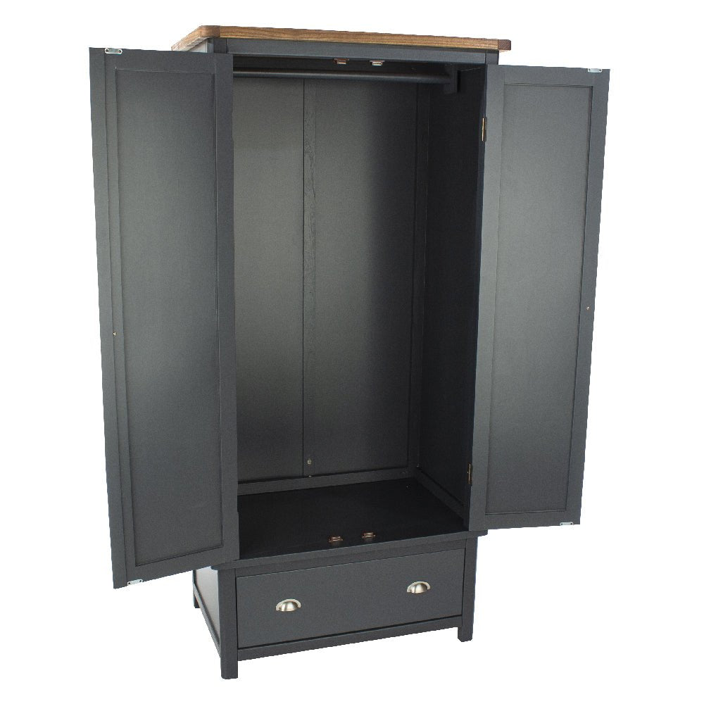 CHOICEWARDROBE Delavan 2 Door Wooden Wardrobe in navy & oak with hanging rail and drawer