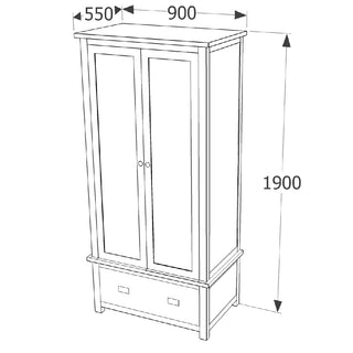 Line drawing of the CHOICEWARDROBE Delavan 2 Door Wooden Wardrobe in navy & oak finish with one bottom drawer, metal handles, and labeled dimensions: 900 mm wide, 550 mm deep, and 1900 mm tall.