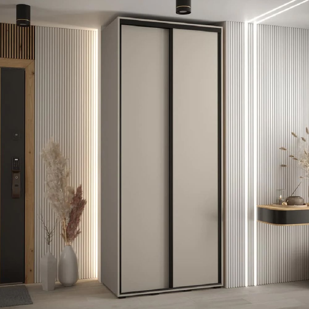 CHOICEWARDROBE Delta 100cm 2 door sliding wardrobe in cashmere finish with black trim.