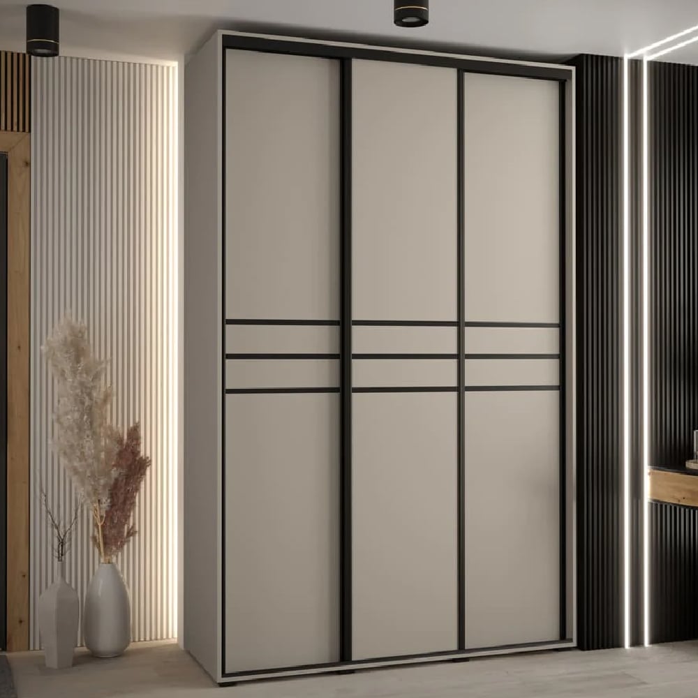CHOICEWARDROBE 3-door sliding wardrobe in cashmere finish with black trim.