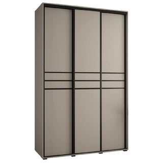 The CHOICEWARDROBE Delta 3 Door Sliding Wardrobe in Cashmere features a modern wooden design with black trim, shelving storage, and a 150cm width—ideal for contemporary spaces.