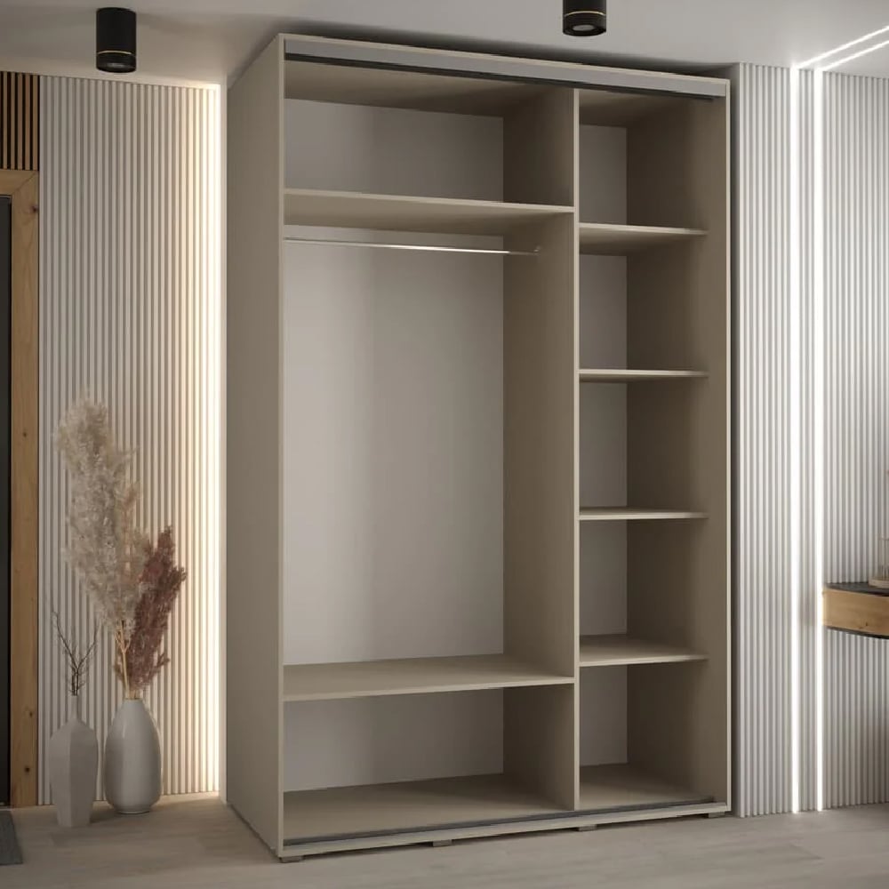 CHOICEWARDROBE Delta 150cm sliding wardrobe in cashmere finish with black trim.