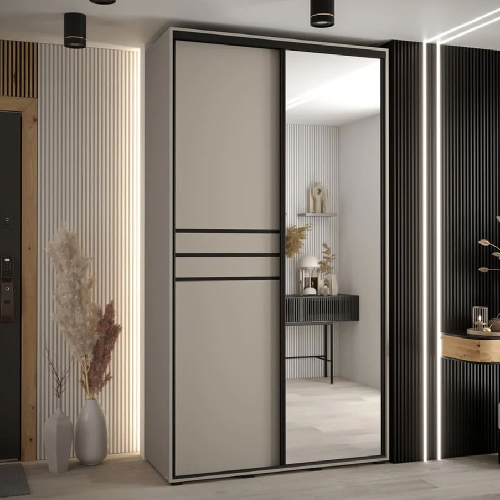 CHOICEWARDROBE Delta 140cm cashmere sliding door wardrobe with black trim and full mirror