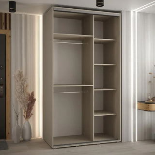 The CHOICEWARDROBE Delta Mirrored Sliding Door Wardrobe (140cm, Cashmere Finish) features 2 sliding doors with black trim, a full-length mirror, multiple compartments—2 hanging rods and 5 shelves—adding storage and style to any modern room.