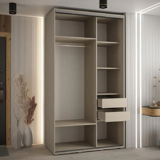 The CHOICEWARDROBE Delta Mirrored Sliding Door Wardrobe (140cm, cashmere finish) features 2 sliding doors with black trim, a full-length mirror, multiple shelves, drawers, and a hanging rod—perfect for minimalist spaces with beige tones.