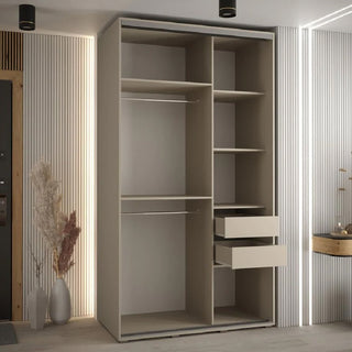 The CHOICEWARDROBE Delta Mirrored Sliding Door Wardrobe (140cm, cashmere finish) features 2 sliding doors with black trim and a full-length mirror, set in a minimalist room with vertical wall panels and decorative dried plants.