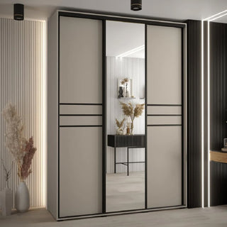 The CHOICEWARDROBE Delta Mirrored Sliding Door Wardrobe (3 Doors, 170cm) features a modern beige finish, black frame detailing, and a central full-length mirror—ideal for contemporary UK bedrooms with vertical wall panels.