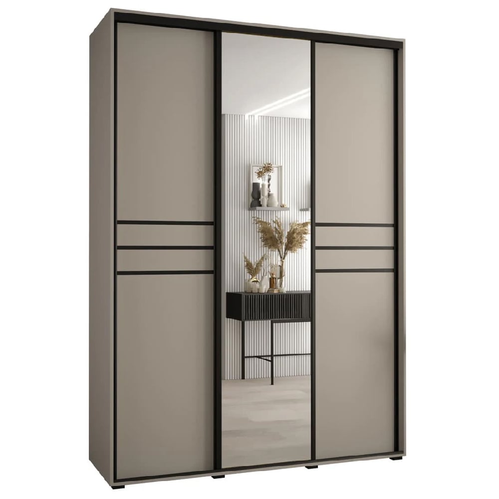 CHOICEWARDROBE Delta 170cm 3-door sliding wardrobe in beige with black frame and central mirror
