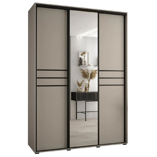 The CHOICEWARDROBE Delta Mirrored Sliding Door Wardrobe (3 Doors, 170cm) features a modern beige finish with black frame detailing and a central full-length mirror—ideal for stylish UK bedrooms.
