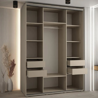 The CHOICEWARDROBE Delta Mirrored Sliding Door Wardrobe features a modern beige finish, black frame accents, and a central full-length mirror, adding contemporary style to UK bedrooms against light-colored walls.