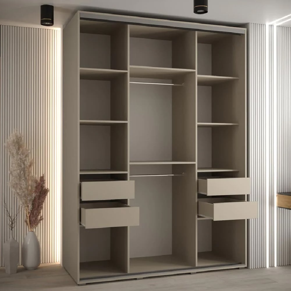 CHOICEWARDROBE 3-door sliding wardrobe in modern beige with mirrored centre door.