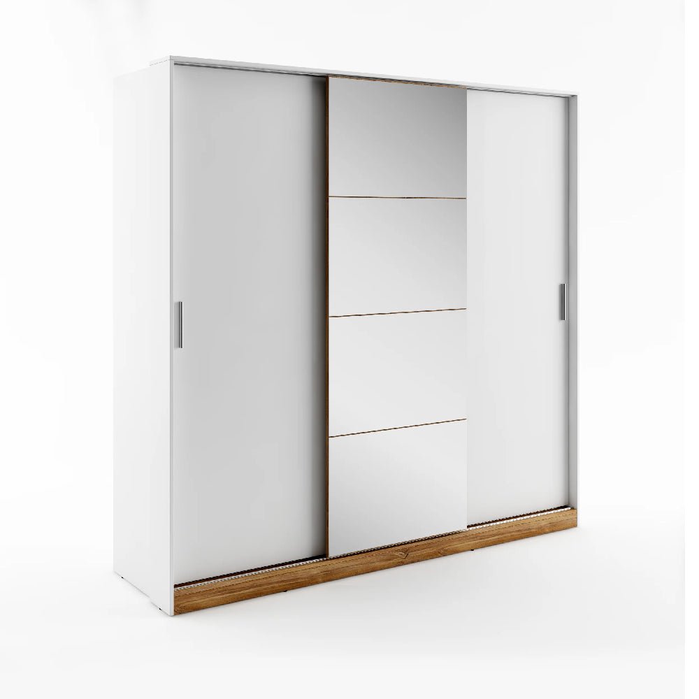 White matt sliding wardrobe with 3 doors, central mirror, and oak base accent