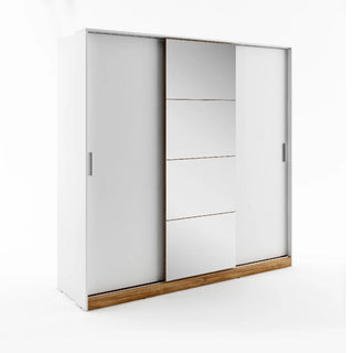 220 cm white matt sliding wardrobe with three doors and oak base accent, offering a premium modern look for stylish UK bedrooms.