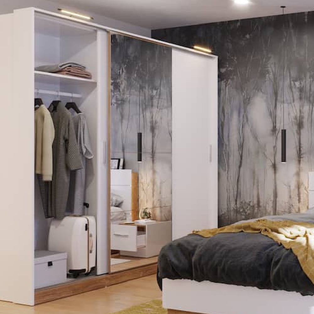 White 220cm sliding wardrobe with central mirror and oak base.
