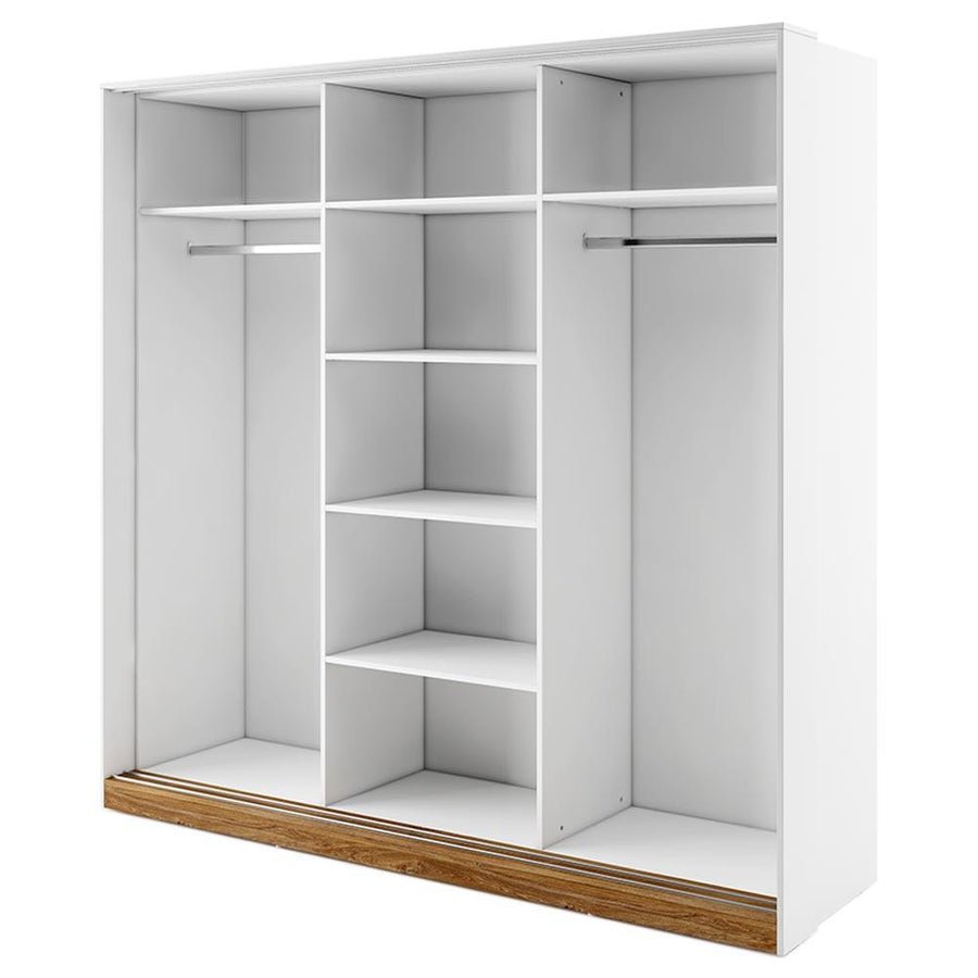 White matt sliding wardrobe interior with hanging rails and shelves