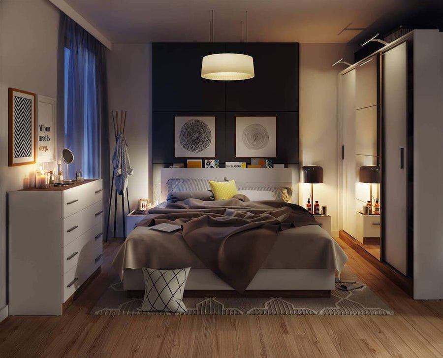 Deptford 220cm sliding wardrobe with 3 doors, central mirror, matt white finish and oak base.