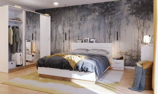 Modern bedroom layout featuring the Deptford white wardrobe as the centrepiece with coordinated decor.