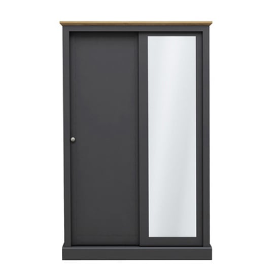 CHOICEWARDROBE Devan 2 door charcoal grey sliding wardrobe with oak top and one full-length mirror. 113.8cm wide.