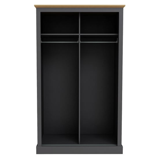 Charcoal grey 2-door wardrobe with oak top, internal hanging rail and shelf in each compartment, 113.8cm wide.