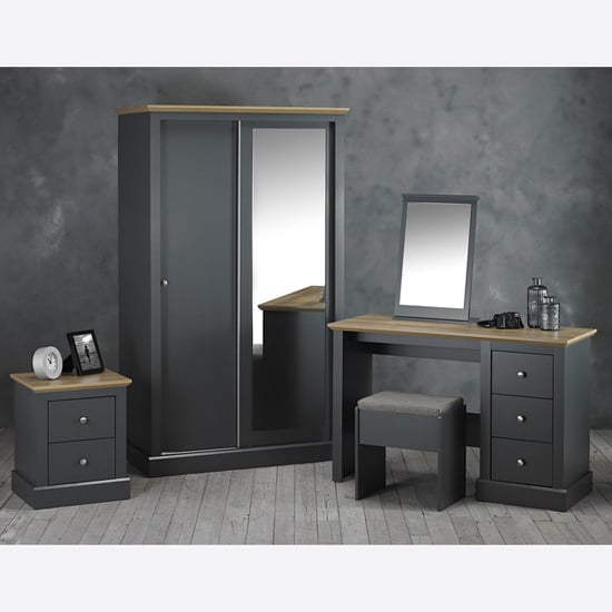 Charcoal grey sliding wardrobe with oak top and full-length mirror, 113.8cm wide