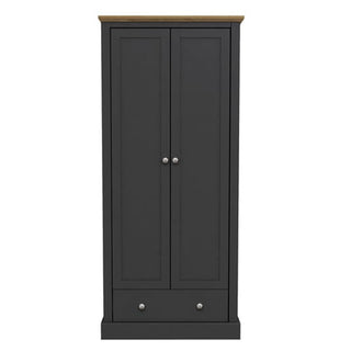 ChoiceWardrobe Devan Charcoal Grey 2 Door Wardrobe with Oak Top and Drawer in compact modern design