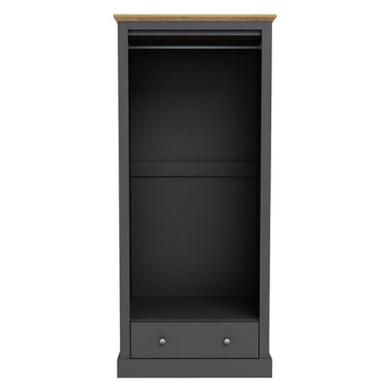 Charcoal grey wardrobe with oak-effect top, showing hanging rail and lower drawer.