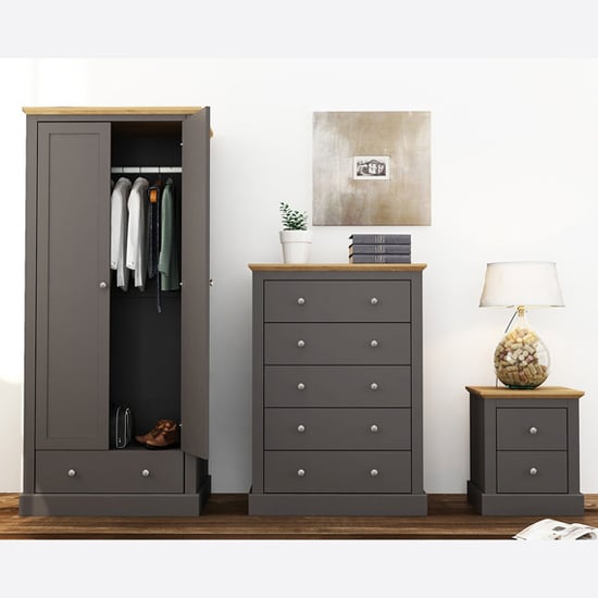 Charcoal grey Devan 2-door wardrobe with oak top and a single drawer