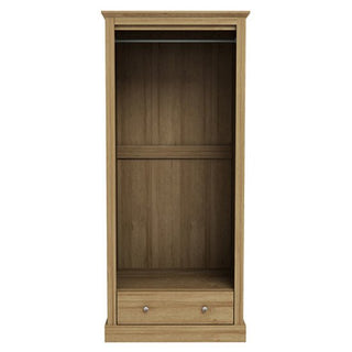 The CHOICEWARDROBE Devan 2 Door Wardrobe is a compact, 80cm wide oak-finish storage unit with hinged doors, a top hanging rod, spacious main area, and a lower drawer with two handles.