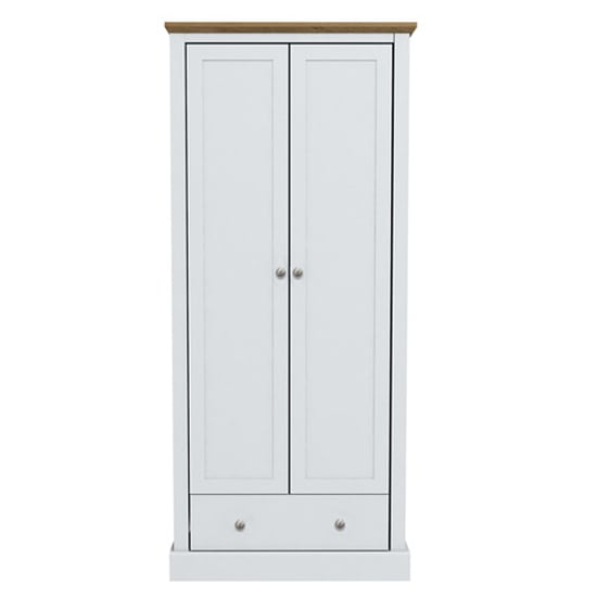 White 2-door wardrobe with oak top and integrated drawer