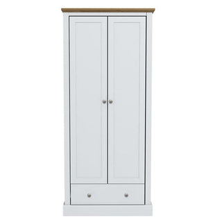 The CHOICEWARDROBE Devan 2 Door Wardrobe, 80cm wide in white with an oak top and drawer, offers compact hinged storage—ideal bedroom organization for a tidy space.