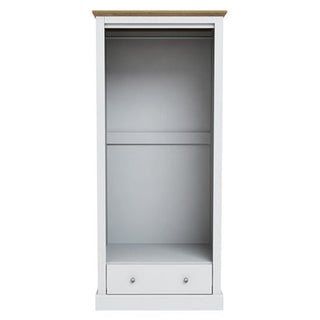 The CHOICEWARDROBE Devan 2 Door Wardrobe is 80cm wide, in white with an oak top and drawer, featuring a hanging rail, a middle open shelf, and a pull-out bottom drawer—perfect for stylish bedroom storage.