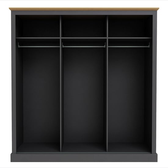 Internal view of Charcoal Grey wardrobe showing three compartments with hanging rails and upper shelves.