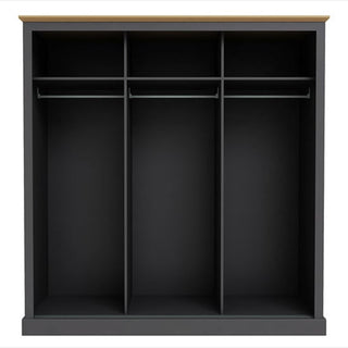 Internal view of ChoiceWardrobe Devan 176cm Sliding Wardrobe showing double hanging rails and upper shelf storage in dark grey finish.