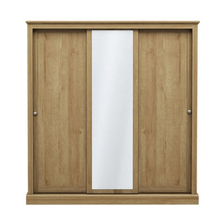 The CHOICEWARDROBE Devan 3 Door Sliding Wardrobe in oak features a central mirror and double hanging storage, measuring 176cm wide, with a natural wood finish and simple rectangular design.