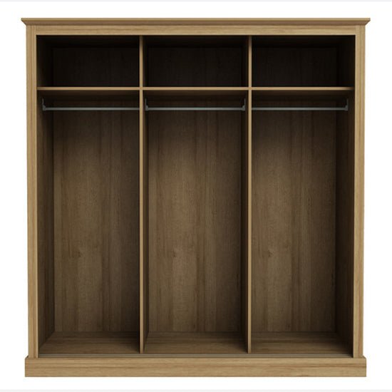 CHOICEWARDROBE Devan 3 door sliding wardrobe in oak finish with hanging rails and shelves, central mirror.