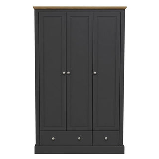 The CHOICEWARDROBE Devan 3 Door Wardrobe—113cm wide, in charcoal grey with an oak top and 2 drawers—offers spacious, stylish hinged bedroom storage.