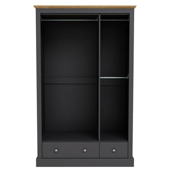 Charcoal grey hinged wardrobe with oak top, two drawers, and internal hanging and shelving sections.