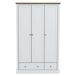 The CHOICEWARDROBE Devan 3 Door Wardrobe, 113cm wide, features a white finish with an oak top, two spacious drawers, round metal handles, and ample hinged bedroom storage.