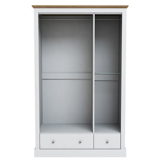 White wardrobe with oak top, two drawers with round handles, and two internal compartments.