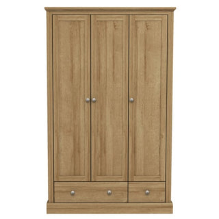 The CHOICEWARDROBE Devan 3 Door Wardrobe features an oak finish, two drawers, round metal handles, and a simple design. Measuring 113cm wide, it’s perfect for spacious bedroom storage.