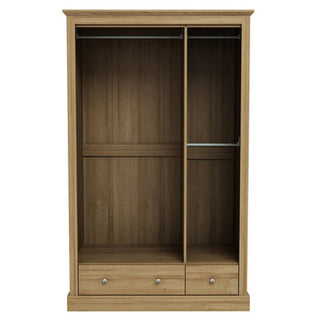 The CHOICEWARDROBE Devan 3 Door Wardrobe in oak finish features two drawers and spacious hinged storage, measuring 113cm wide; shown empty against a white background.
