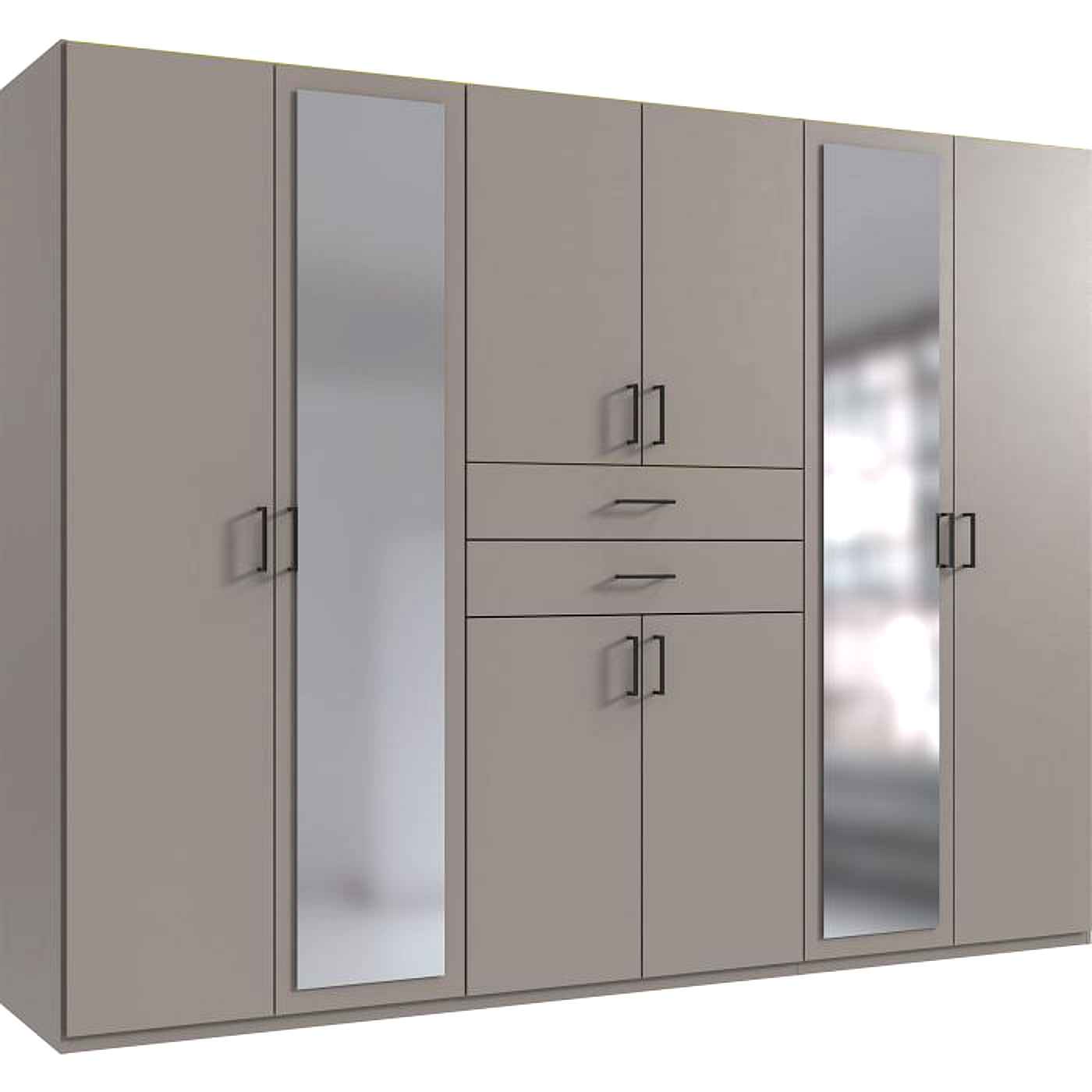 Grey 6-door mirrored wardrobe with central drawers and sleek handles, modern design.