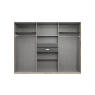 The CHOICEWARDROBE Docker 270cm Grey 6 Door Mirrored Wardrobe features open shelving, central drawers, sleek handles, and multiple compartments for hanging clothes and storage in a modern grand design.
