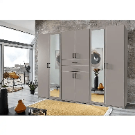 Grey 6-door mirrored wardrobe with sleek handles