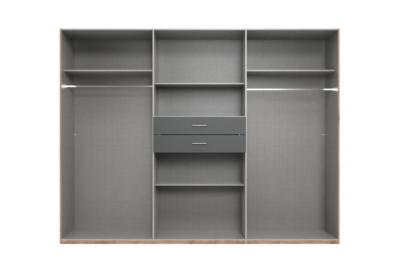 CHOICEWARDROBE Docker 270cm grey 6 door wardrobe interior with central drawers and shelves.