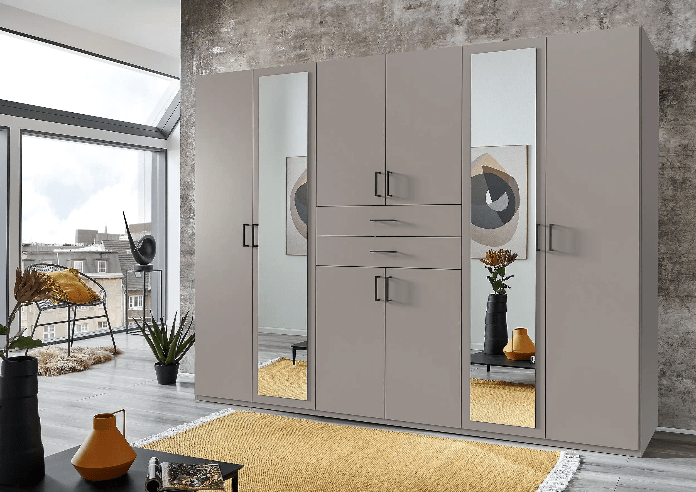 CHOICEWARDROBE Docker 270cm grey 6 door wardrobe with mirrored panels and central drawers.