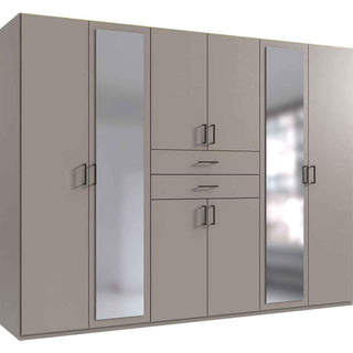 Large grey 6 door mirrored wardrobe with central drawers and sleek handles, designed for spacious modern UK bedrooms seeking elegant storage.