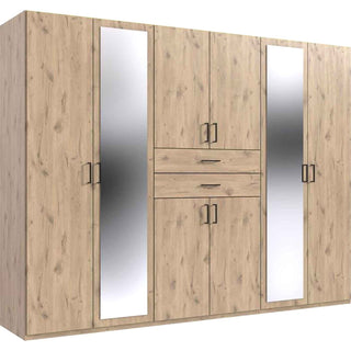 Large 270cm oak 6 door mirrored wardrobe with central drawers and full-length mirrors, perfect for elegant and spacious modern UK bedrooms.