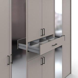 The CHOICEWARDROBE Dorian 5 Door Mirrored Wardrobe features a matte grey finish, modern black handles, spacious cabinets, and organized compartments—perfect for stylish bedroom storage. Measures 225cm with a sleek, contemporary storage design.